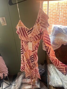 Ruffled One-Shoulder Pink Patterned Women’s Dress